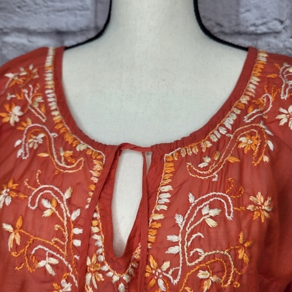 Lucky Brand Top Orange Cream Embroidered Split V Neck Ties Long Sleeve Size S - Picture 5 of 8